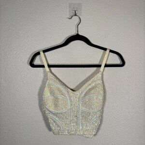 Victoria’s Secret Womens Cream Elegant Sequin Beaded Bustier Corset Top Size M/L